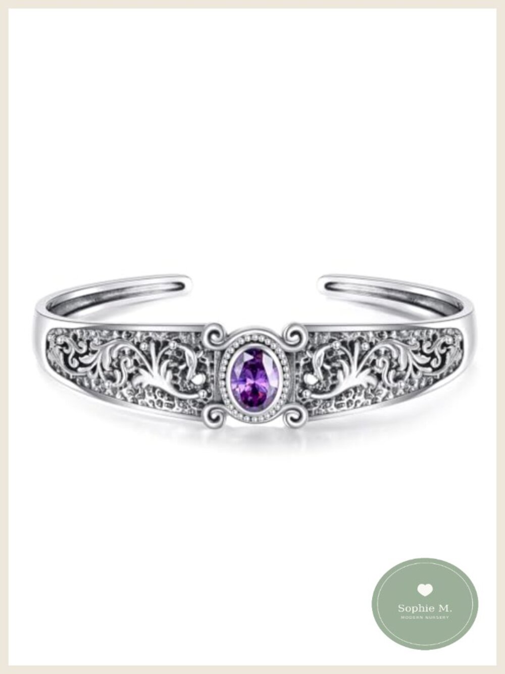 Sterling Silver Amethyst Cuff Bracelet Filigree Open Bangle